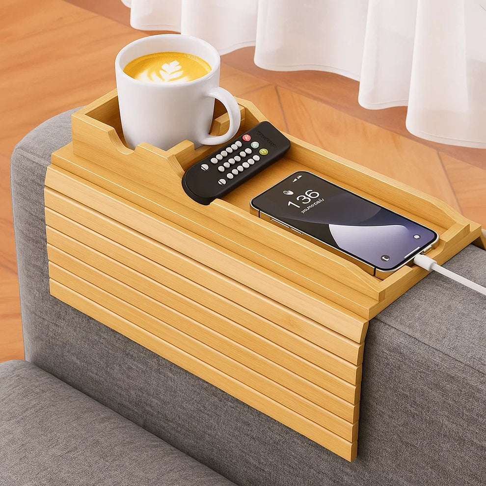 Bamboe Sofa Tray Tafel met Anti-Slip Bankleuning Dienblad – 2-in-1 Design