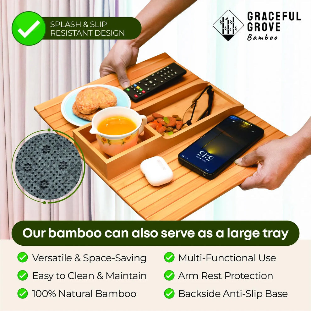 Bamboe Sofa Tray Tafel met Anti-Slip Bankleuning Dienblad – 2-in-1 Design